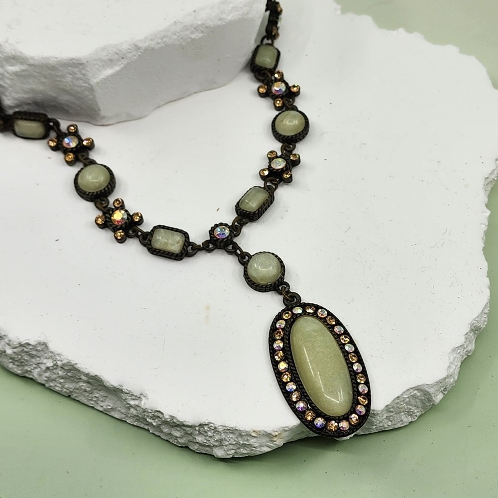 Avon Vintage Green Cabochon AB Rhinestone Y Drop Necklace Antique Gold Tone